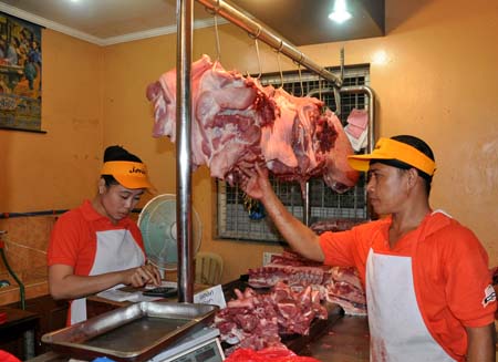Yorkshire-bred pigmeat being sold in one of Mr Boni Ong’s butcher’s shops in the Philippines. Yorkshire-bred pigmeat being sold in one of Mr Boni Ong’s butcher’s shops in the Philippines.