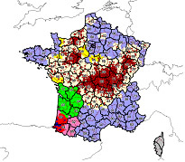 31st July 2008 - Maps showing cases of Bluetongue serotype 8 (denoted by dark red dots) in France 31st July 2008 - Maps showing cases of Bluetongue serotype 8 (denoted by dark red dots) in France