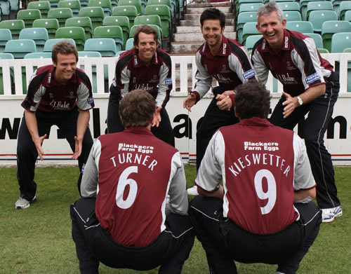 From left to right James Hildreth, Wes Durston, Peter Trego and Andy Caddick are tossing the Blackacre Egg with Mark Turner and Craig Kieswetter.