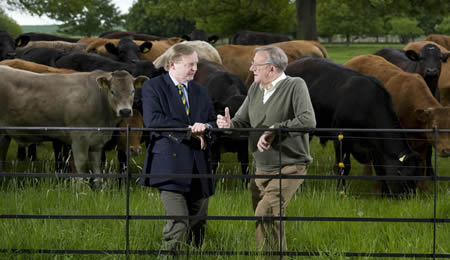 Simon Theakston, Chairman of the Yorkshire Agricultural Society with Sir Ken Morrison at home with his cattle