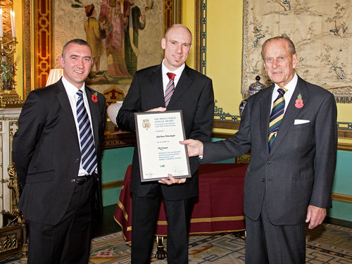 His Royal Highness presents the RABDF Prince Philip Award to GEA Farm Technologies’ chief executive, Dirk Hejnal with left, GEA Farm Technologies’ managing director, Paul Gerrard 