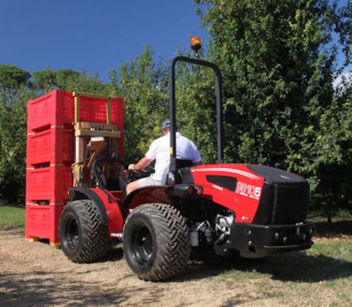 Reversible driving position available on selected Valpadana models adds to their versatility – in this case operating a forklift to transport fruit boxes.