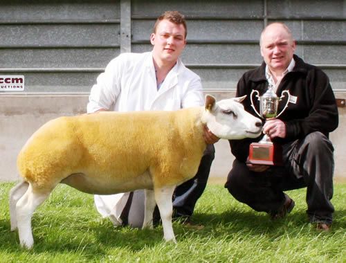 George Cropper with his Beltex Sheep Society 2011 Skipton supreme champion shearling ewe, joined by Chris Windle, of sponsors Windle Beech Winthrop