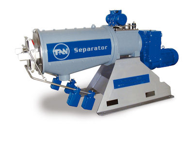 The FAN PSS 3.2-780 press screw separator has several patented features, including an oscillator that transmits pressure pulses into the inlet chamber to assist separation of sticky waste materials.