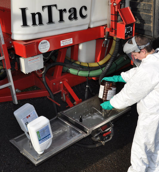 Sprayer manufacturer Landquip fits the new 50-litre hopper with two Hypro rinsing nozzles as standard on its InTrac and new Guardian trailed sprayers.