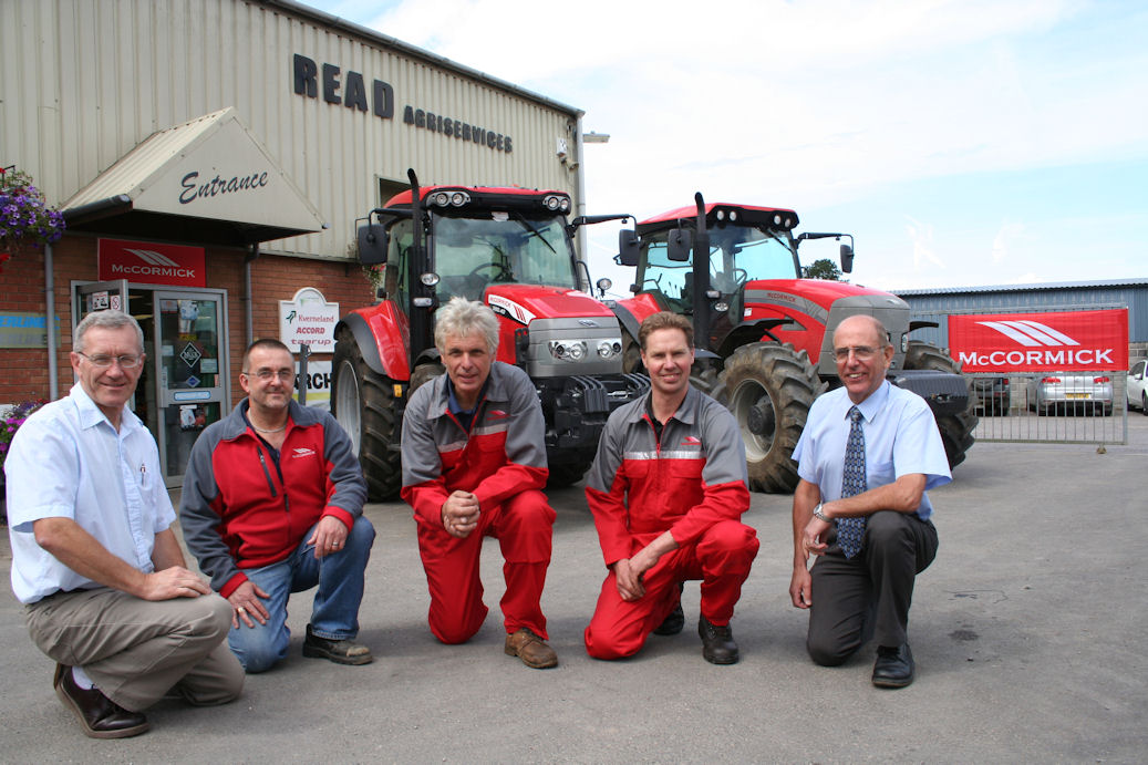 With Richard Read (centre) are members of the McCormick team at Read Agriservices (from left): Brian Yeates, sales; Rex Vincent, parts; Mark Stevens, service; and Dick Bath, sales.