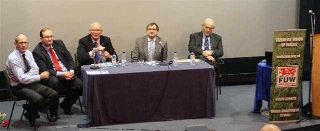 ANY QUESTIONS: FUW president Emyr Jones (second from right) chairs the question and answer panel of speakers (from left) James Severn, Duncan Montgomery, Stuart Agnew and Prof Chris Pollock.
