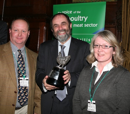 Farming Minister David Heath (centre) presents William and Jennie Brisbourne with the British Poultry Council marketing award