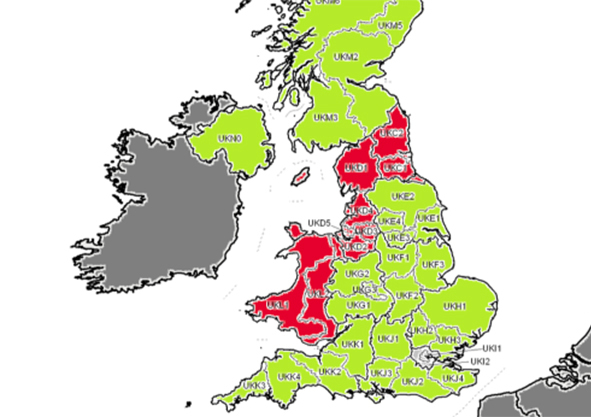 Potentially compliant/non-compliant RED regions