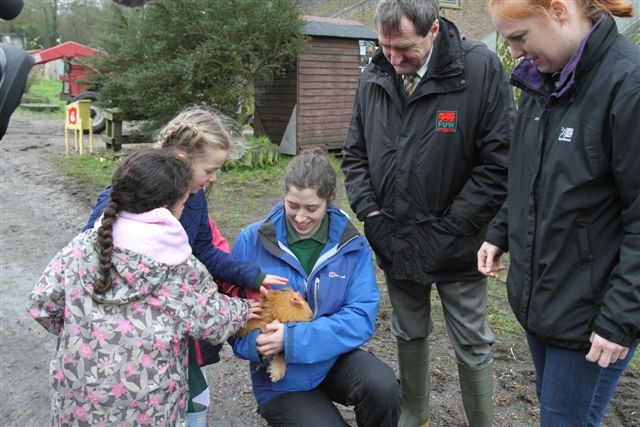 Pupils make friends with a happy hen watched by (from right) London Welsh School head teacher Julie Sullivan, FUW president Emyr  Jones and Woodlands Farm Trust education officer Hannah Forshaw.