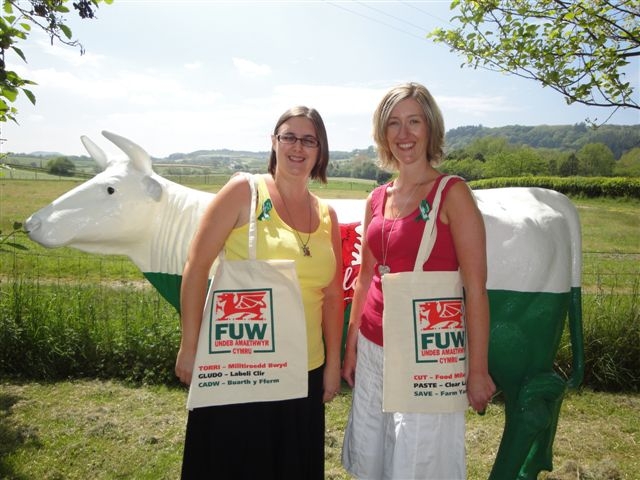 COTTON BAGS CAMPAIGN: FUW Aberystwyth head office staff Angharad Evans (left) and Nia Davies-Jones with the union’s life-size replica of dairy cow Tegwen (Welsh for white and fair) used to promote fair farmgate prices for dairy farmers.