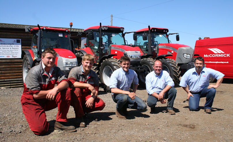 The Rollason Engineering team with their new McCormick tractors (from left): service technicians Roy Stubbins and Dave Gilkes; Jamie Warrender, garden machinery sales and service; dealer principal Charlie Rollason; and parts manager Simon Holloway.