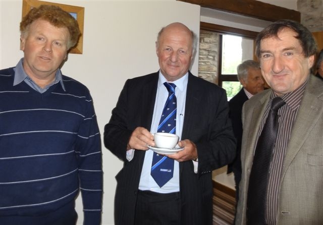 TIME FOR A CUPPA: From left, Dyfrig Davies, Sir Jim and FUW president Emyr Jones.