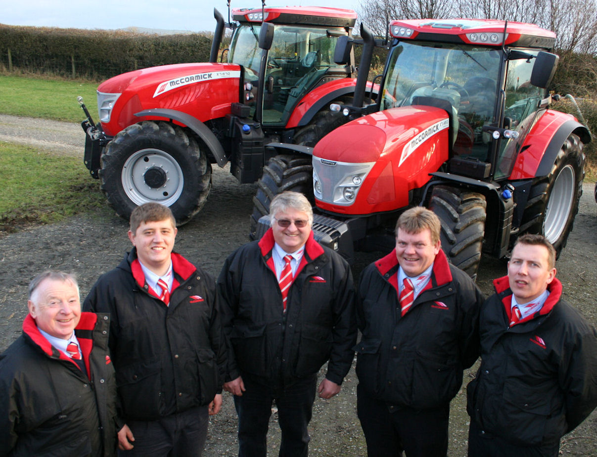 The sales team with the first McCormick X7 Pro Drive tractors seen in Britain (from left): Alan Robinson, Jonathan Hoggarth, Bryan Hoggarth, Murdo Macphee and Adam Graham, who also looks after the Hog Hire tractor hire fleet.