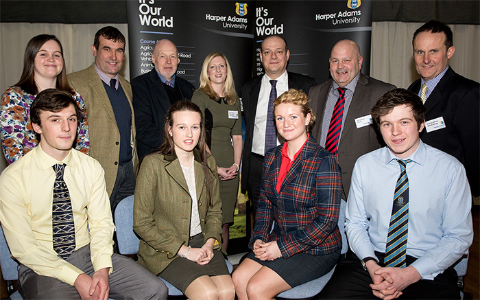The four scholars (front, L-R), Tom Oates, Lauren Turner, Josie Hatch and Sam Stephenson, with representatives of the sponsoring companies, BPEX and the National Pig Association. 