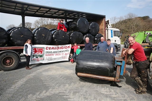COLLECTION POINT: Caryl Wyn-Jones (furthest left), Ieuan Evans (on the lorry), children Alun Eifion Wyn Roberts and Ynyr and Bedwyr Jenkins, farmers Dafydd Jenkins, Dafydd Jones and Aled Owen, and Cefin Evans (furthest right).  