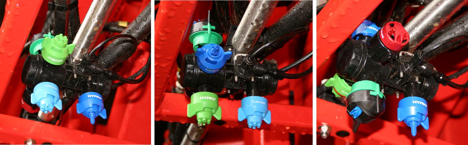 The Hypro Duo React body with different nozzle combinations including ESI six-stream fertiliser nozzle, Guardian Air low-drift and VPTech angled flat fan.