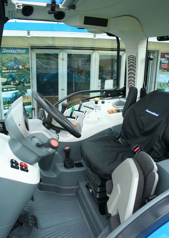 Inside view of the spacious four-post cab on the new Landini 4 Series reveals the stylish design and high standard of materials used.