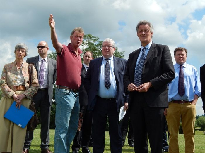 Transport Secretary (centre); and Henry Robinson, CLA President (second right) listen to the concerns of one of the businesses visited on tour of HS2-affected businesses on the Northants-Oxfordshire border