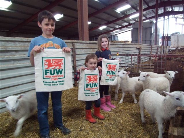 Eleven-year-old Aneurin Rowlands and his sisters Martha (7) and Elan (3) of Rhosgoch Farm, Capel Dewi, near Aberystwyth, proudly displaying reusable "Supporting Family Farms Since 1955" cotton bags.
