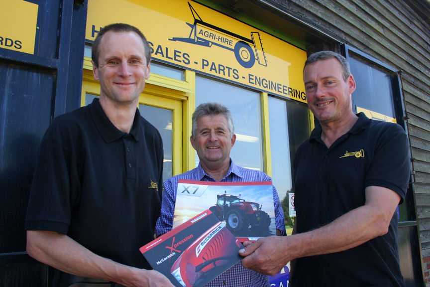 Preparing for their new McCormick tractor franchise are Agri-Hire managing director Tim Hubert (centre) with Jeremy Waspe, parts and sales (left), and Richard Calder, parts and workshop services.
