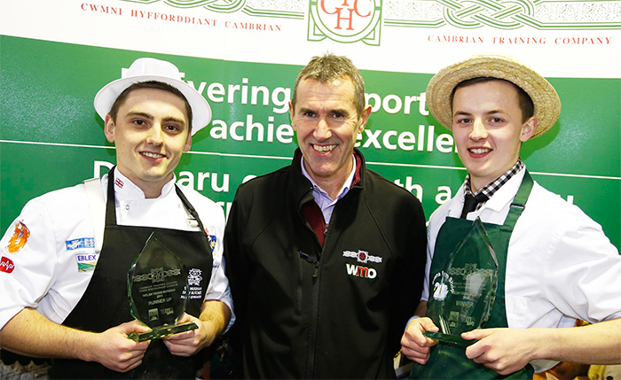Champion butcher Peter Rushforth (right) with runner up Matthew Edwards (left) and Terry Jones, Cambrian Training Company’s business growth and development director.