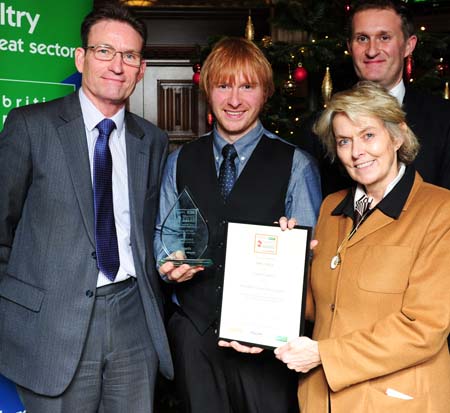 Sam Jones, of Aviagen Turkeys, winner of the 2014 poultry trainee of the year award, with John Reed [left] chairman of the British Poultry Council, Anne McIntosh and James Porritt, poultry manage for Zoetis