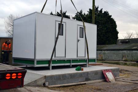 Andy Brown's new ready-to-use piglet nursery cabin being deivered to his farm near Hull