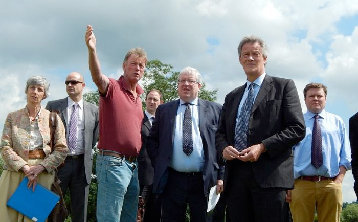 Transport Secretary (centre); and Henry Robinson, CLA President (second right) listen to the concerns of one of the businesses visited on tour of HS2-affected businesses on the Northants-Oxfordshire border