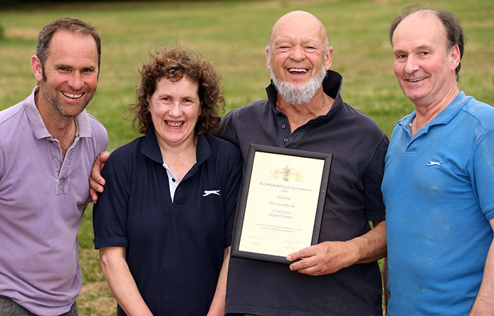 Gold Cup success at Worthy Farm.  L-R Steven Kerale (Farm Manager), Pam Taylor, Michael Eavis and John Taylor.   Photo by Jason Bryant.