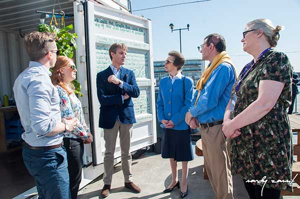HRH Princess Anne visiting the current GrowUp Box at Roof East