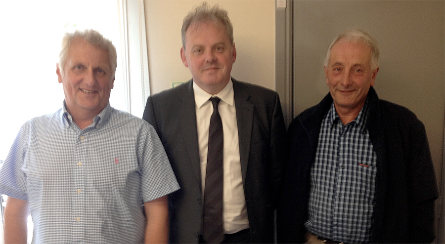 FUW president Glyn Roberts, Aberconwy MP Guto Bebb and FUW milk and dairy produce committee chairman Dei Davies.