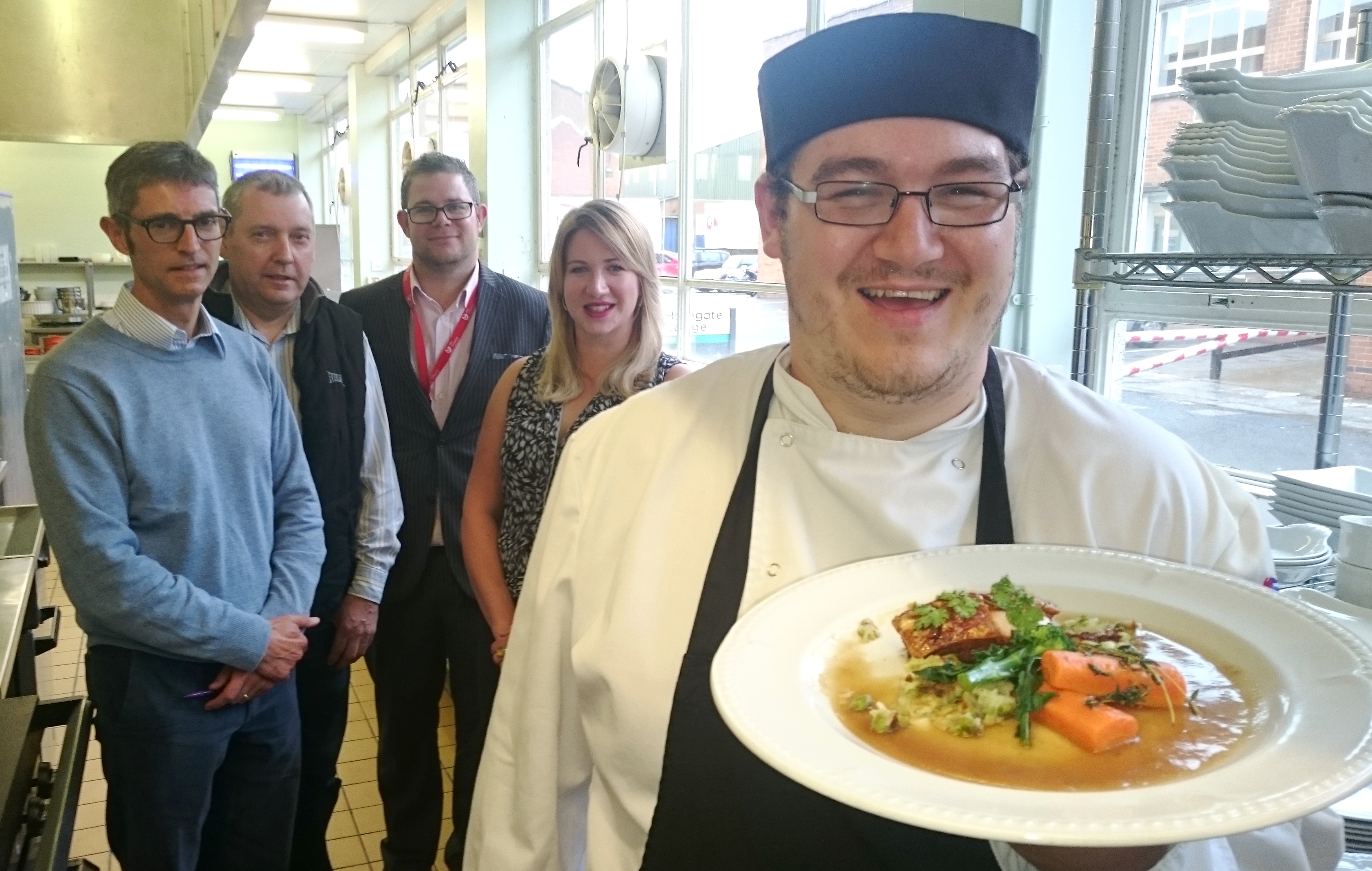 Nick White (AHDB Potatoes), Philip Johnson, Simon Wilkinson and Nicole Fielding (Kudos Catering) and Frazer Coulby (Harrogate College) with his winning dish