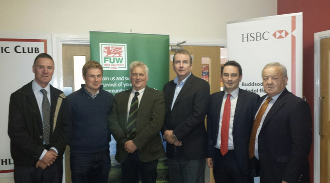 FUW Carmarthenshire county chairman Brian Richards, Rhydian Owen, FUW president Glyn Roberts, Glanbia Cheese CEO Paul Vernon, HSBC regional agriculture director Euryn Jones, Castell Howell and Brian Jones MBE