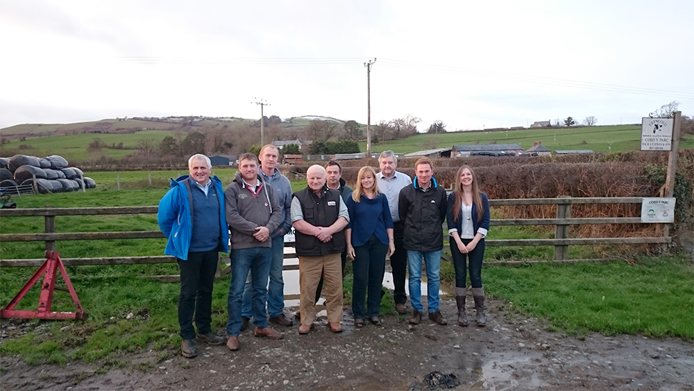 FUW president Glyn Roberts, Mark Williams, FUW's Alwyn Vaughan, Brian Jones, FUW member Rob Corfield, Kay Swinburne MEP, FUW vice president Eifion Huws, FUW milk and dairy produce committee chairman Rhydian Owen and Dr Hazel Wright.