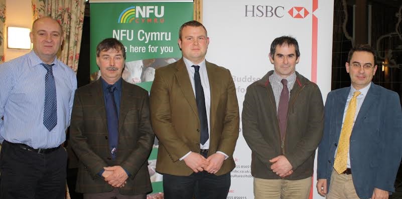 (L-R) John Davies NFU Cymru Deputy President, Stuart Morris, Retiring Brecon & Radnor NFU Cymru county Chairman, Pearce Hughes ASDA, Colin Millichap Brecon & Radnor NFU Cymru county Chairman, Euryn Jones HSBC