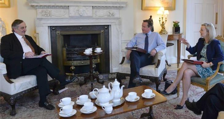NFU President Meurig Raymond (left), with David Cameron and Defra Secretary Elizabeth Truss