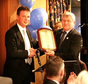 Andrew Hignett with Dirk Wesjohann, Chairman and Owner of Hy-Line UK, at his retirement celebrations