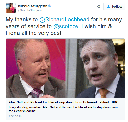 Nicola Stugeon's recent Tweet about Mr Lochhead's resignation