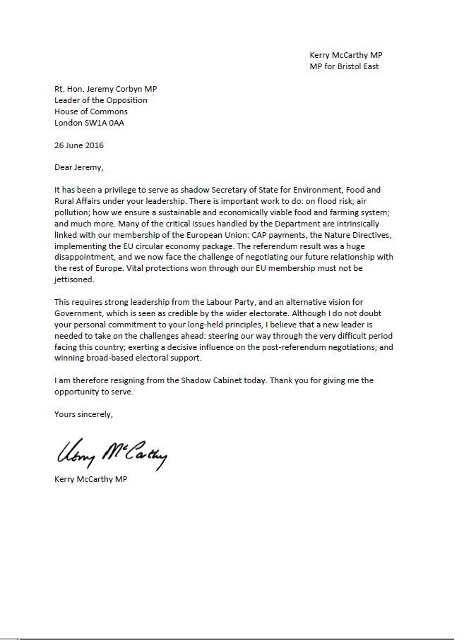 'My letter to Jeremy Corbyn setting out some of the challenges facing us following Thursday's vote', McCarthy said on Twitter