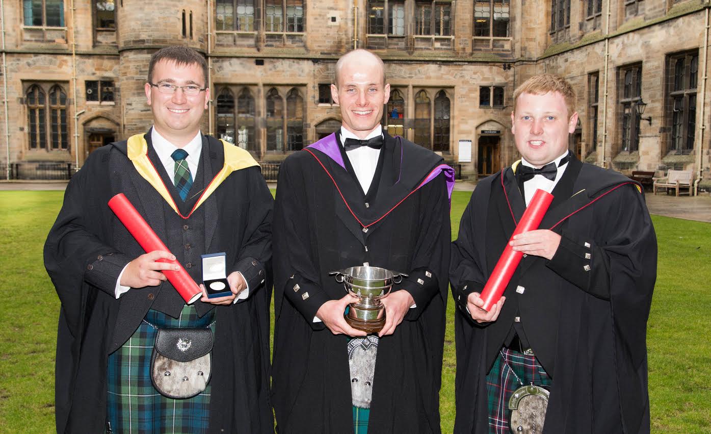 (left to right) Stephen Lucas, Calum Johnston and Joe Speed with their degrees and prizes at their graduation from SRUC