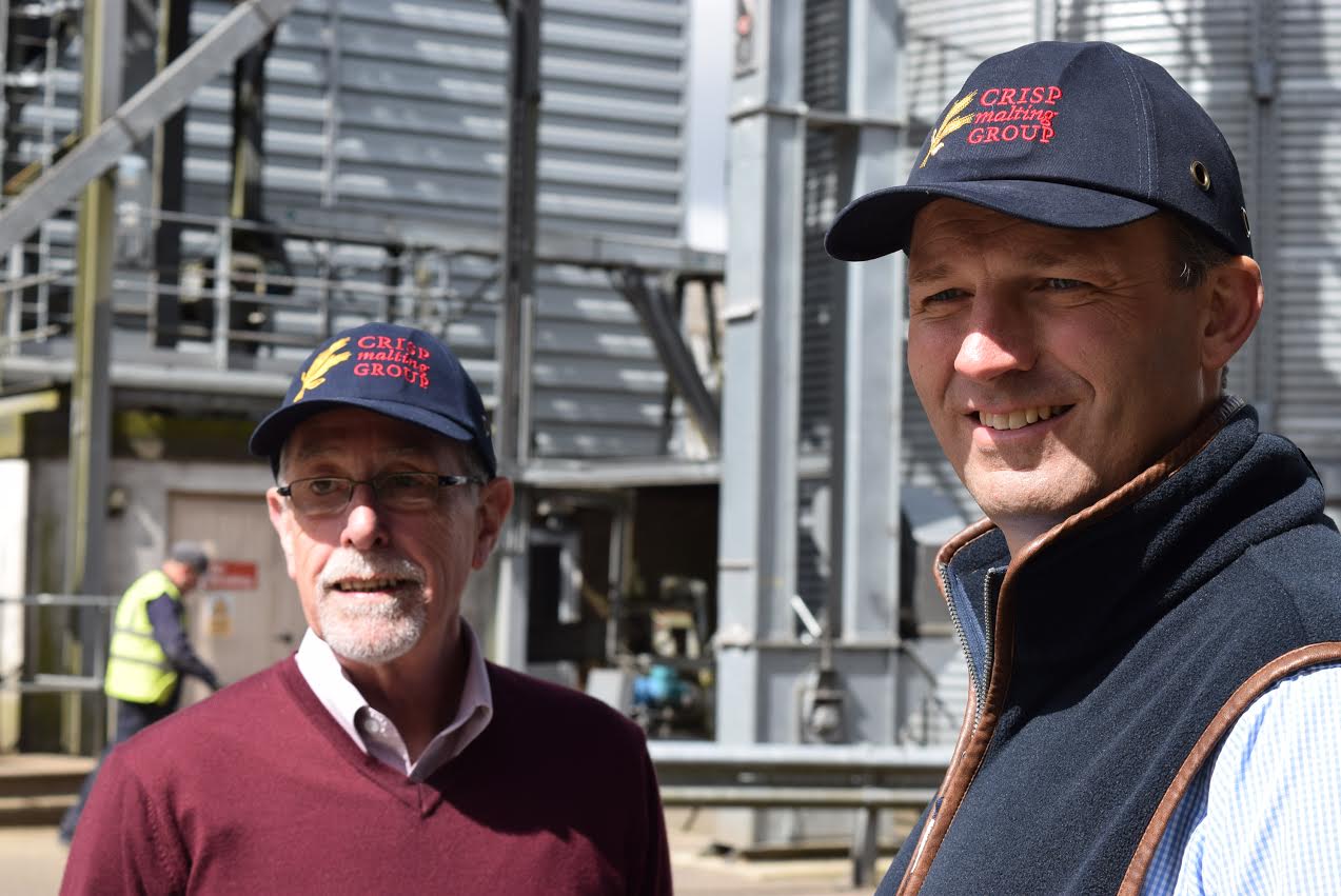 Former Crisp MD Euan Macpherson with current MD Adrian Dyter outside the Great Ryburgh malting plant