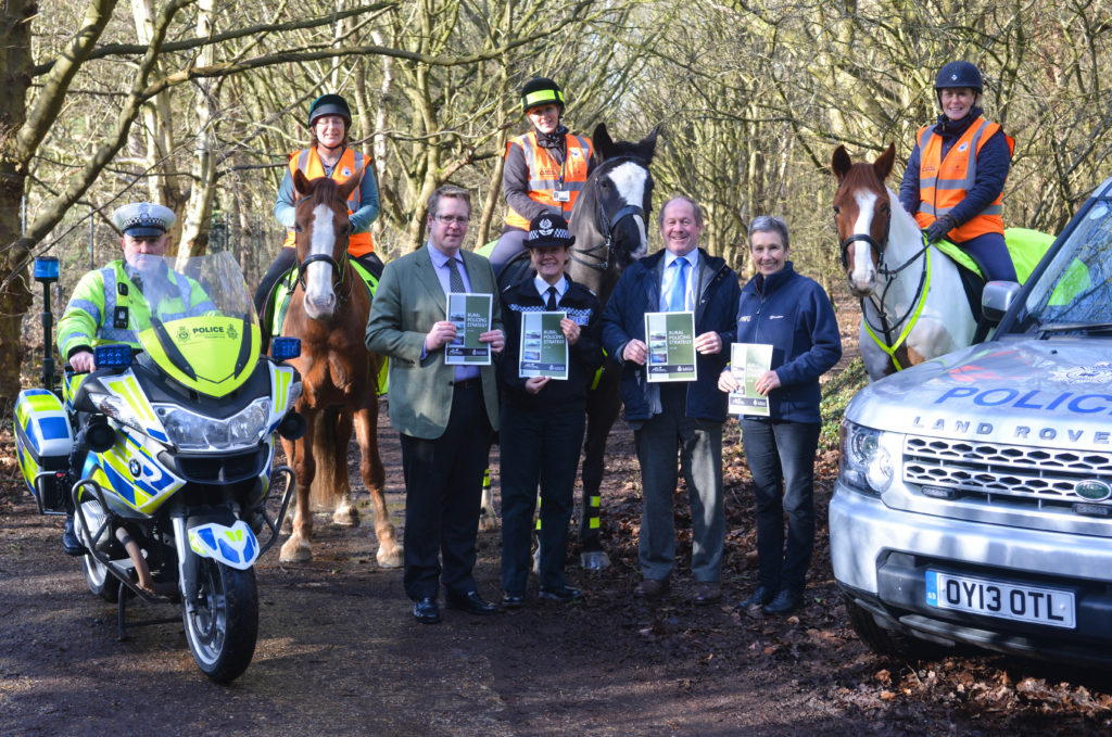 Pictured with three horseback volunteers are (l-r) Edward Vere Nicoll from the CLA, Rachel Kearton, Tim Passmore and Rachel Carrington, NFU (Photo: Suffolk Police)