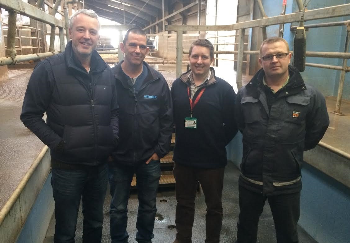 L-R – Chris Shepherd, Yoni Levine, James Oddie & Chris Howarth in the dairy unit at Myerscough College’s Lodge Farm