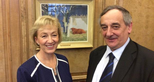 Defra Secretary Andrea Leadsom with NFU President Meurig Raymond at the talks (Photo: @NFUTweets)