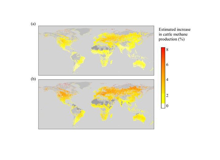 Map showing the estimated increase in cattle methane production