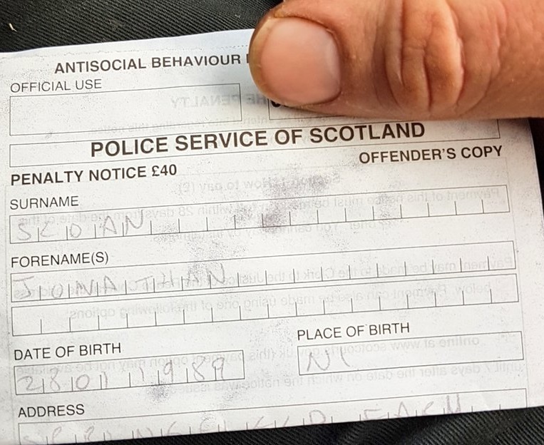 The penalty ticket issued by the police to Mr Sloan (Photo: Jonathan Sloan)