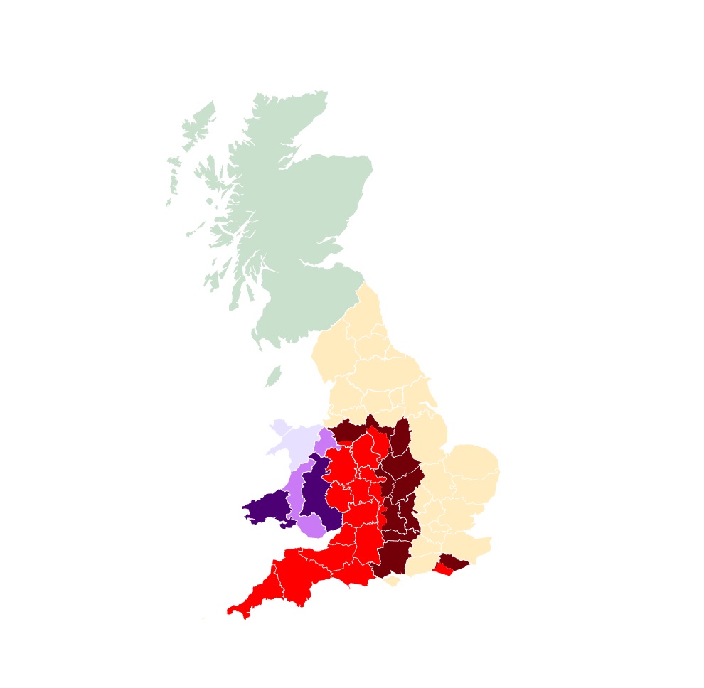 The map highlights whether an area is at high or low risk from TB