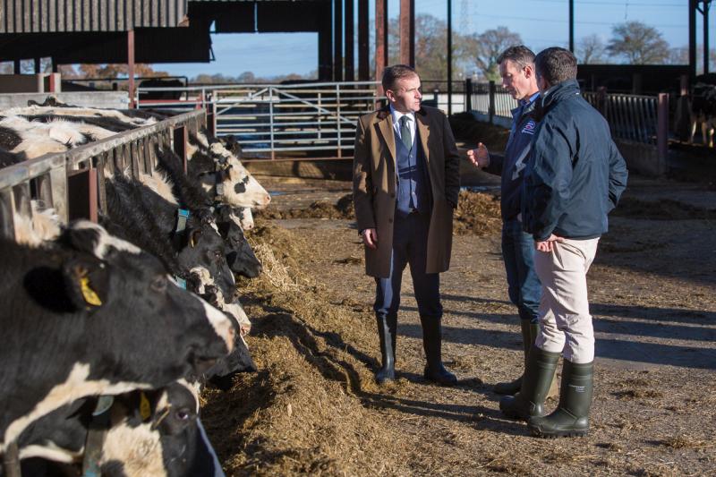 (L to R) Farming Minister George Eustice, Bristol farmer Mike King and his vet Tom Oxtoby from The George Veterinary Group
