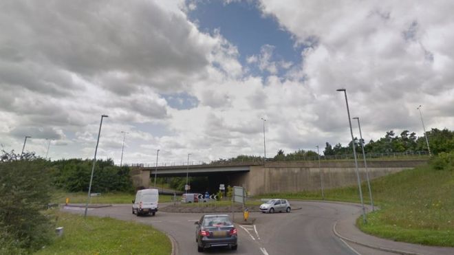 The tractor and trailer collided with the A1 flyover bridge at the junction with the B1043 (Photo: Google) 